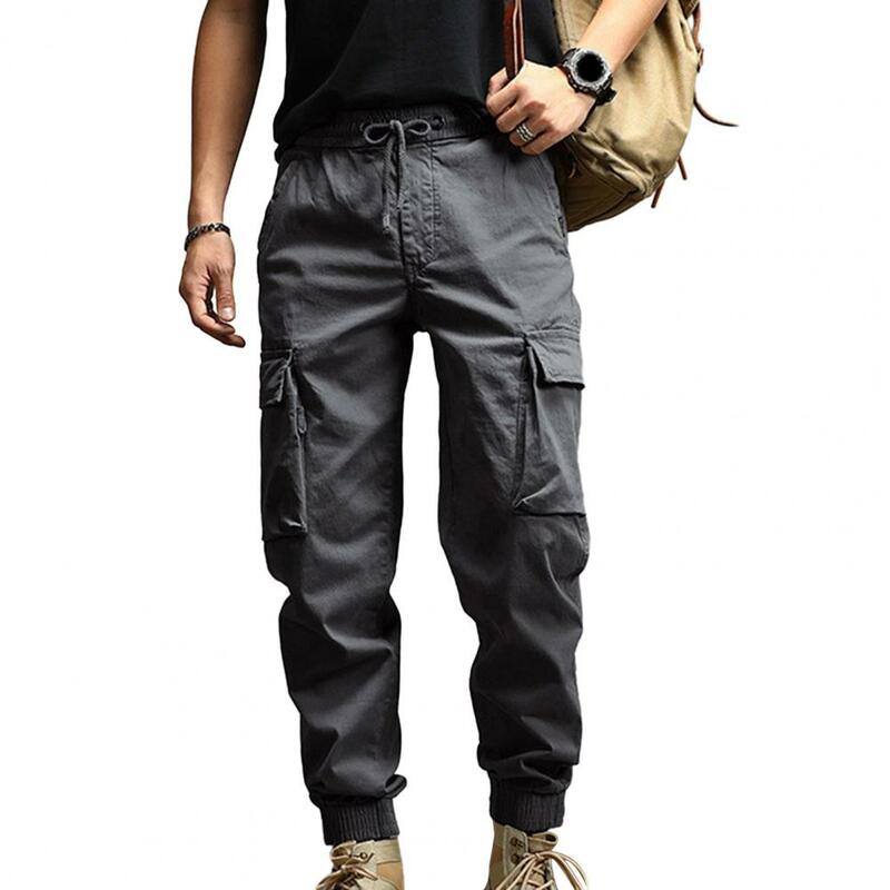 Męskie solidny kolor spodnie spodnie Cargo z opaską na kostkę z wieloma kieszeniami elastyczna talia dla wygodnego stylowego