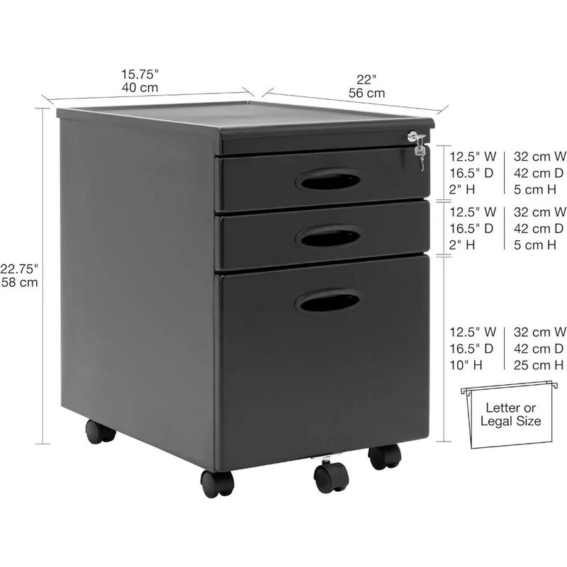 Metal Full Extension 3-Drawer Mobile File Cabinet Files With Supply Organizer Tray in Black Freight Free Filing Cabinets Office