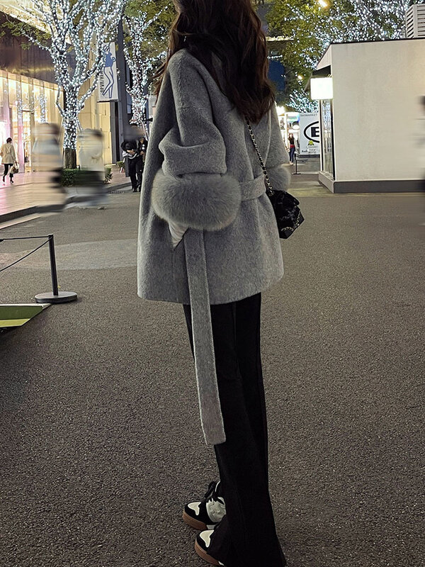 Высококачественное Двустороннее пальто BZVW с шерстяной обвязкой женские съемные манжеты из лисьего меха темпераментная Двусторонняя кашемировая короткая куртка