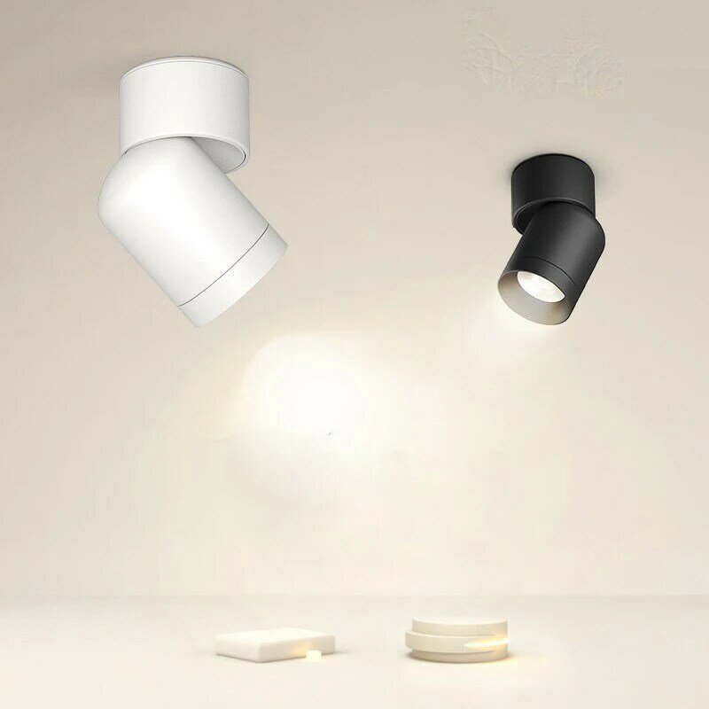 Foco LED ajustable de superficie giratoria de 360 °, 5W COB, sin punzonado, negro-blanco, techo redondo de una sola cabeza