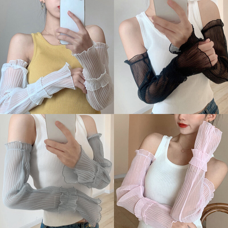 7Styles 1Pair Sun Protection Lace Pleated Long Fingerless Gloves Breathable Mesh Arm Cover Fake Sleeve Women Summer Decor Mitten
