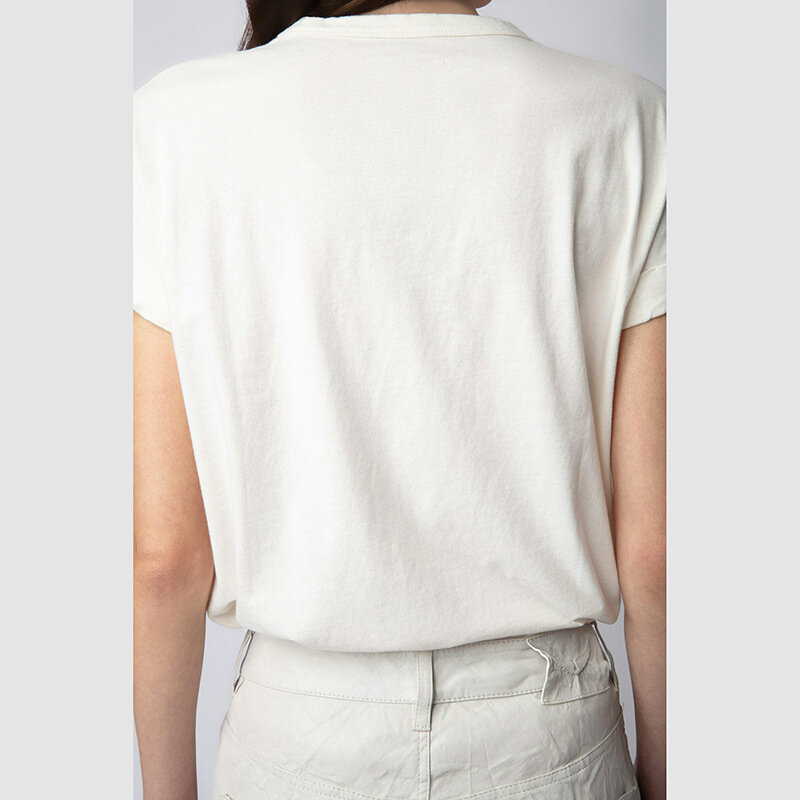 Kaus wanita lengan gulung katun motif Digital, Radio suara ZV Prancis model baru, kaus Wanita lengan gulung untuk musim panas