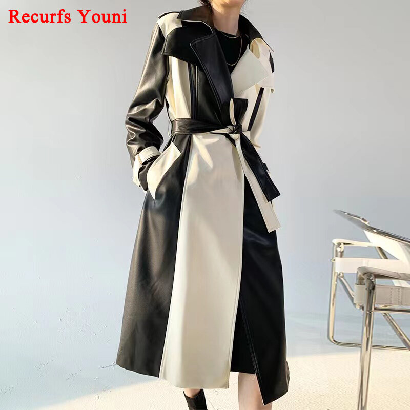 Leather Trench Coat For Women 2024 Female Winter Black White Spliced Long Windbreak Streetwear Large Lapel Belt Abrigos Largos