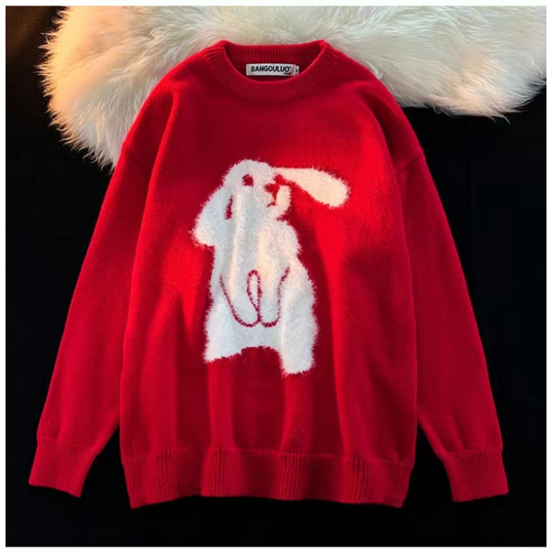 Women's Cute Rabbit Plush Round Neck Sweater Y2K Top Coat Winter New College Lazy Wind Warm Loose Casual Couple Knitted Sweater