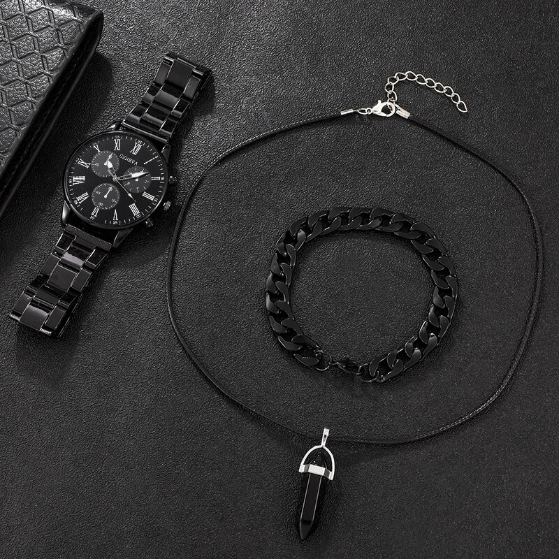 Conjunto de 3 piezas de acero inoxidable para hombre, relojes de negocios, pulsera informal negra, collar de cuarzo, Masculino
