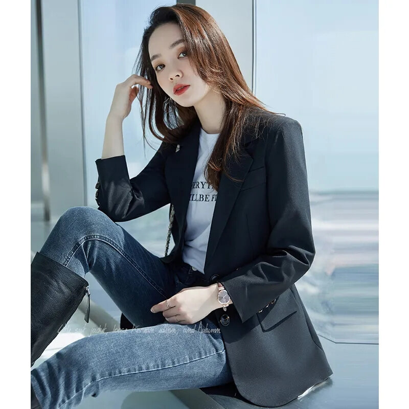 Jaket Blazer Mode Musim Gugur Mantel Lengan Panjang Saku Korea Kasual Wanita Blazer Longgar Solid Wanita Kantor Mantel Setelan Atasan