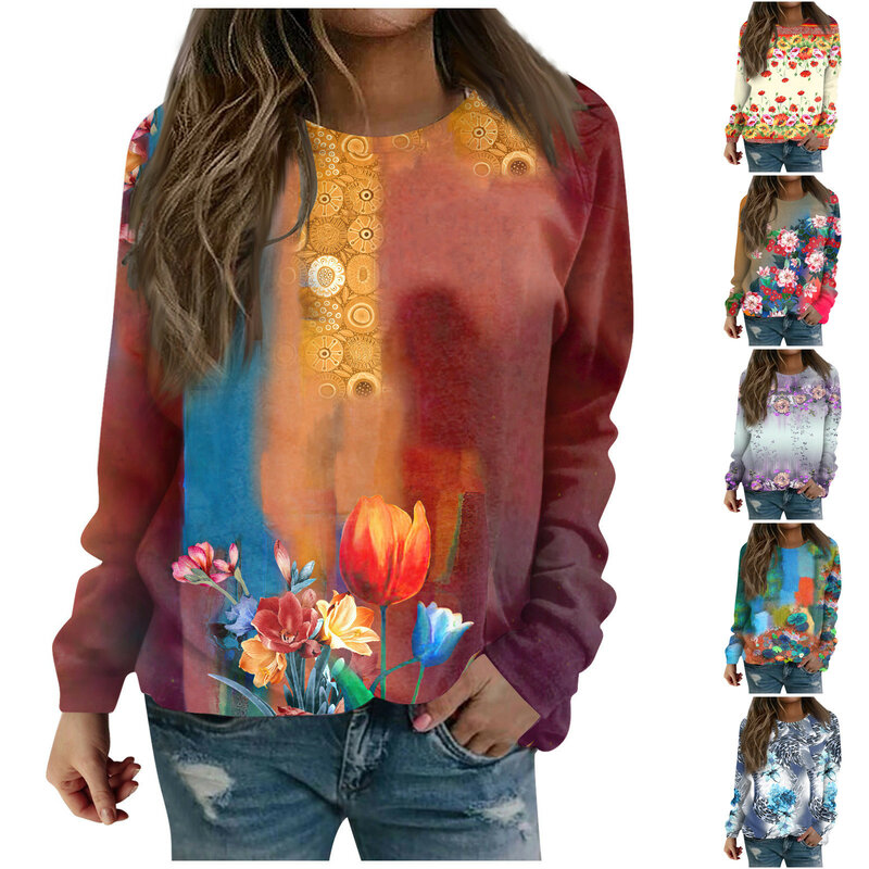 Kaus wanita leher bulat, atasan cetak tema bunga, kaus lengan panjang kasual modis, musim gugur dan musim dingin, 2023