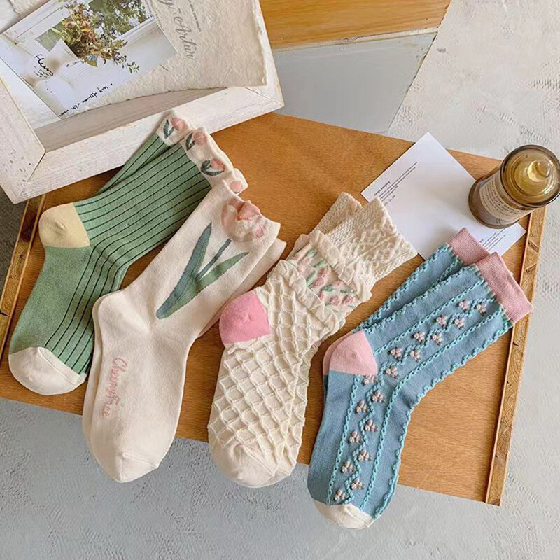 New Women Socks Korean Style Flower Trend Casual Cotton Socks Girls Frilly Ruffle Cute Sweet Breathable Crew Socks