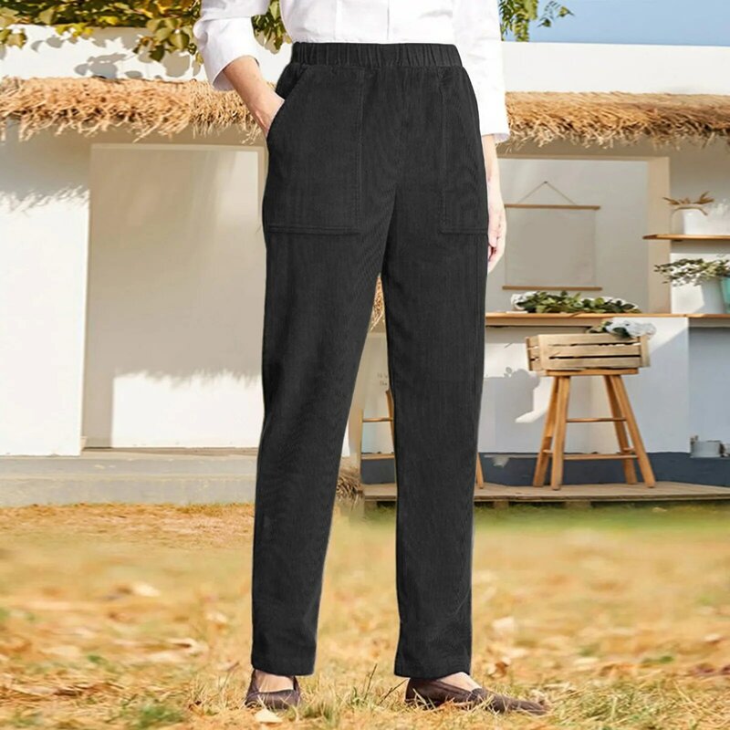 Women's Corduroy Stripe Straigh Leg Pants Fashion Spring Autumn New Bottom Solid Elastic Waist Trousers Casual Pants Streetwear