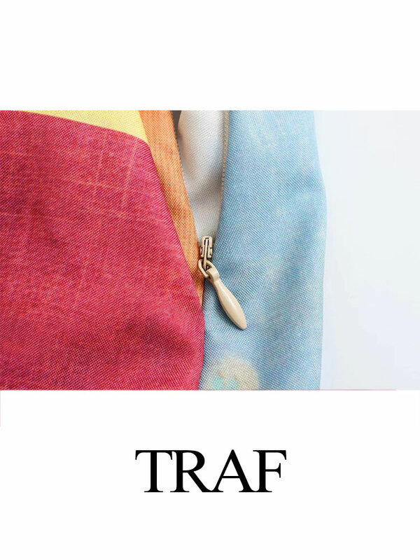 TRAF-Saia com zíper de cintura alta feminina, bolsos laterais, estampa floral chique, elegante, casual, plissado, rua, verão
