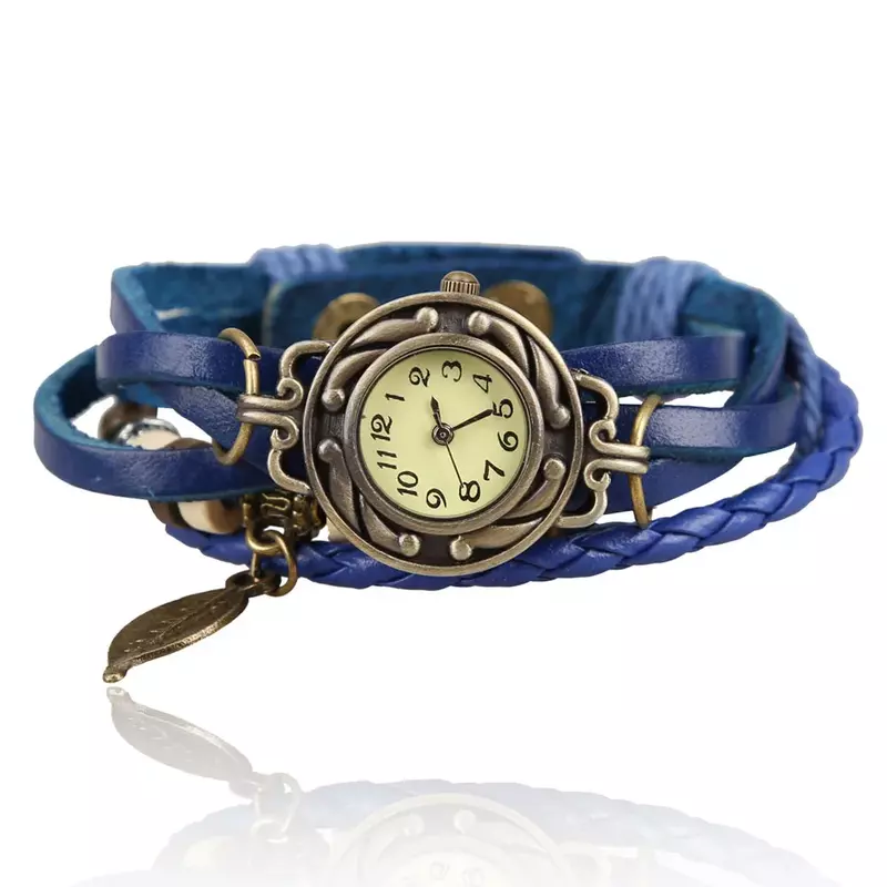 Vintage Armband Quarz Armbanduhr mit Weave Wrap Leder Band Blatt Perlen für Frauen