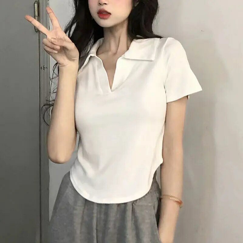 Top curto fino feminino, camisa de manga curta, novo design, verão