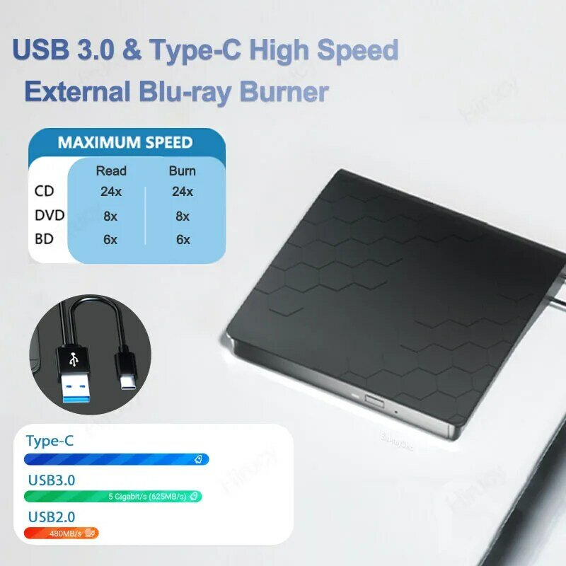 Zewnętrzny napęd blu-ray USB3.0 typu C CD DVD BD odtwarzacz RW przenośny napęd optyczny do laptopa Macbook stacjonarny komputer