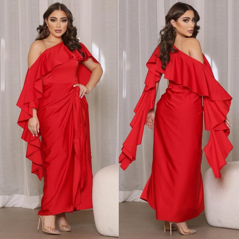 Gaun Prom Charmeuse Ruffles Homecoming ketat satu bahu Bespoke gaun acara gaun Midi Gaun Arab Saudi