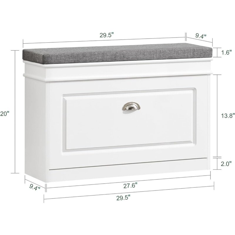 Haotian FSR82-L-W, White Hallway Shoe Bench with Adjustable Shelf, Shoe Rack Shoe Cabinet with Flip-Drawer and Seat Cushion