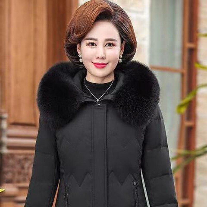 Jaket bertudung kerah bulu rubah wanita, jaket gaya Panjang Bebek bawah tebal hangat ramping musim gugur musim dingin 2023