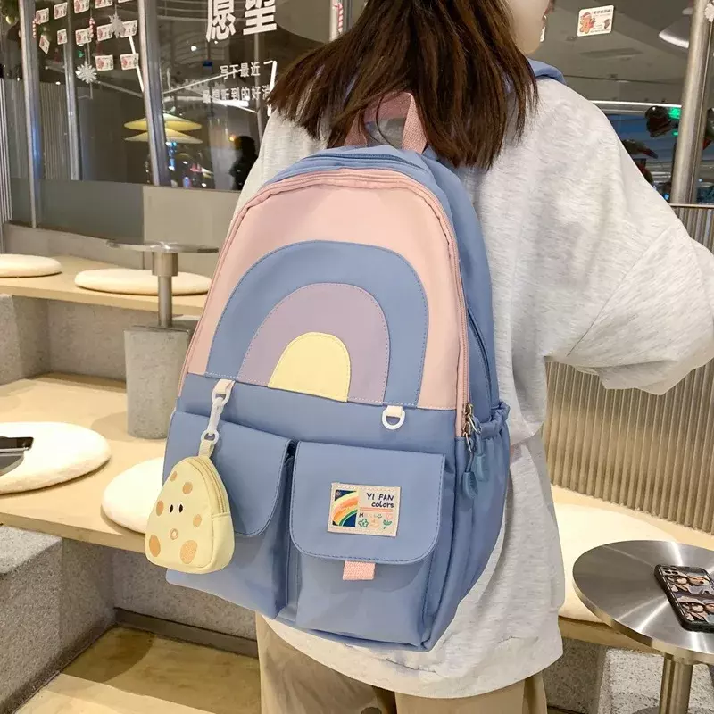 Colorful Schoolbag for Female School Students Simple Large Capacity Cut Rainbow Japanese School Backpack + Cheese Purse Pendant