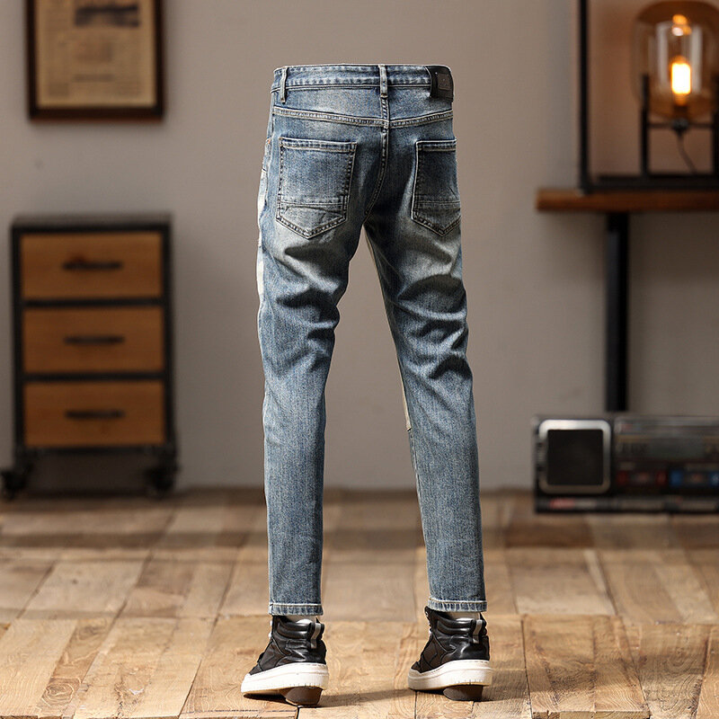 2024 крутые смарт-джинсы мужские мотоциклетные модные лоскутные модные высококлассные Стрейчевые облегающие брюки в стиле ретро