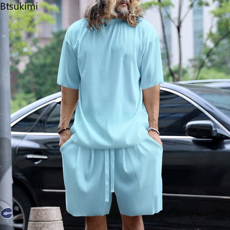 Summer Fashion Men's Vertical Stripes Loose Casual Suit Solid Short Sleeve Shorts Beach Vacation 2 PCS Sets Male Trend Tracksuit