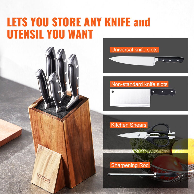 ผู้ถือมีดอเนกประสงค์ vevor บล็อกมีดไม้อะคาเซียไม่มีมีดที่เก็บมีดหนึ่ง/สองชั้นยืนราวแขวนมีดสำหรับห้องครัว