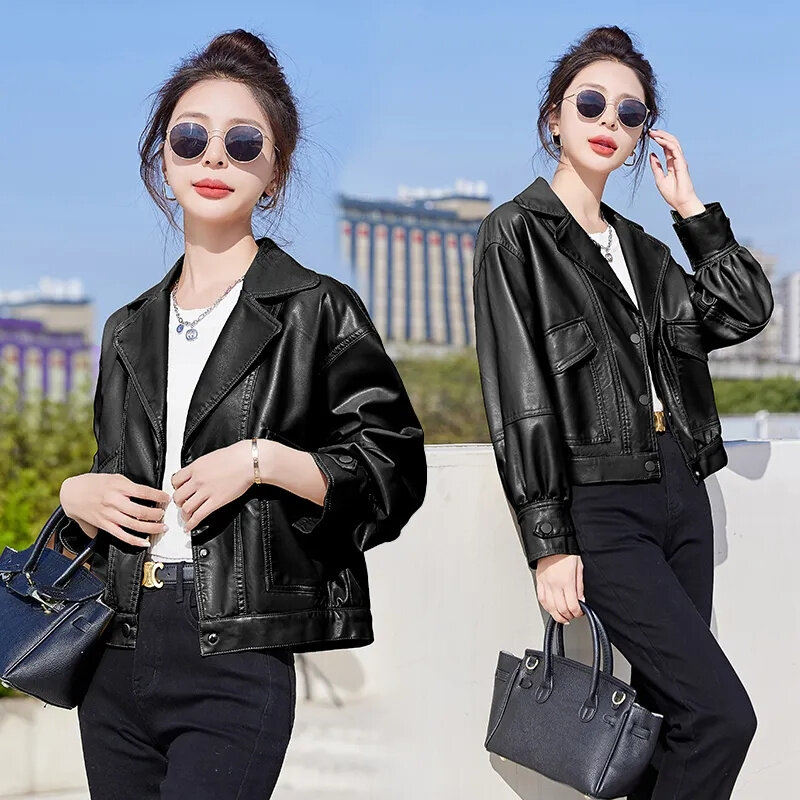 Mantel kulit lokomotif wanita, jaket kulit motor versi Korea kasual musim semi musim gugur 2023