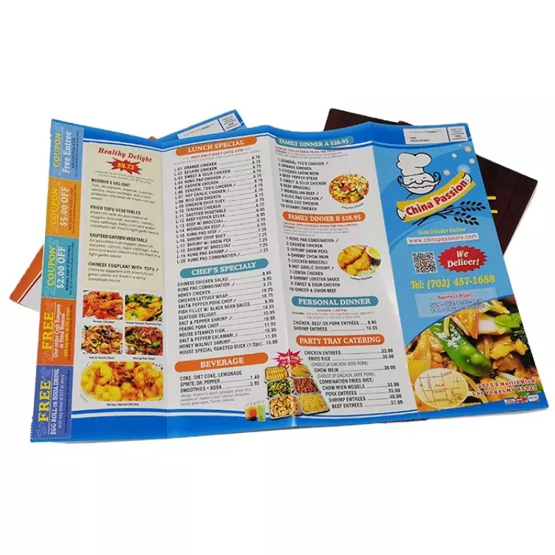 Impressão personalizada Cartaz de papel promocional, 70lb Full Color, A3-fold Flyer Restaurante Menu Folheto, Produto personalizado