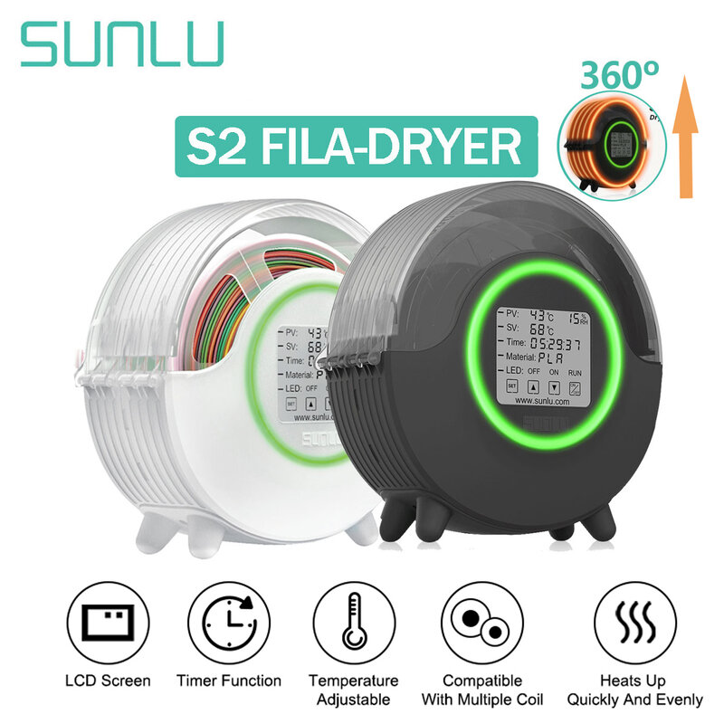 SUNLU-secador de filamentos S2 3D, máquina de secado con pantalla táctil LED, calefacción envolvente de 360 °, termo ajustable, secado de impresión 3D