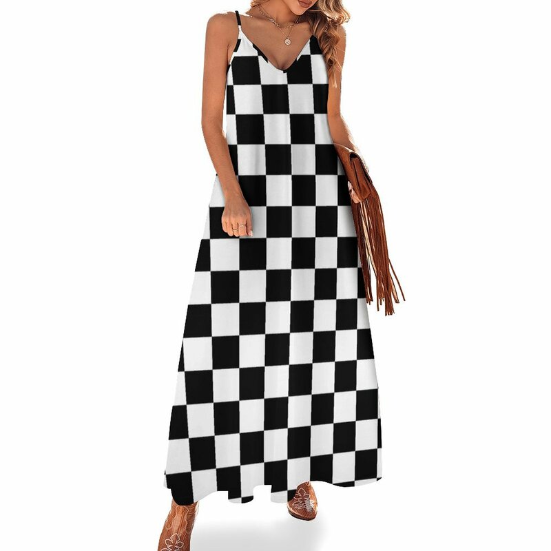 Маленькая черно-белая клетчатая юбка-подушка без рукавов для мотоспорта, гоночного флага, платья для женщин