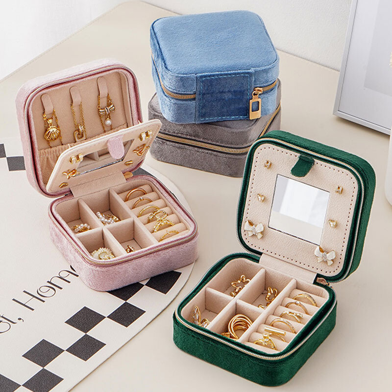 New Plush Velvet Jewelry Box For Women Geometric Sqaure Jewelry Storage Case Necklace Ring Earrings Travel Portable Zipper Boxes