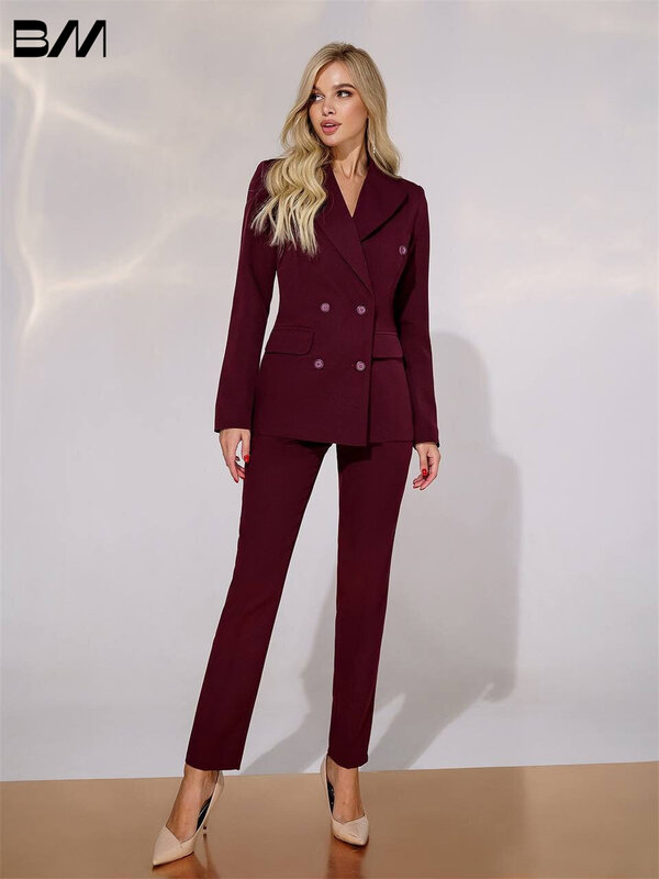 Женский брючный костюм винного цвета, двубортный бордовый Блейзер и брюки, облегающий костюм для выпускного вечера, смокинг, Осень-зима 2023