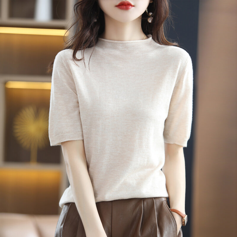 Camisola fina feminina rolada borda gola de lã manga curta design sentido de pequeno topo 22 verão novo all-match versão coreana
