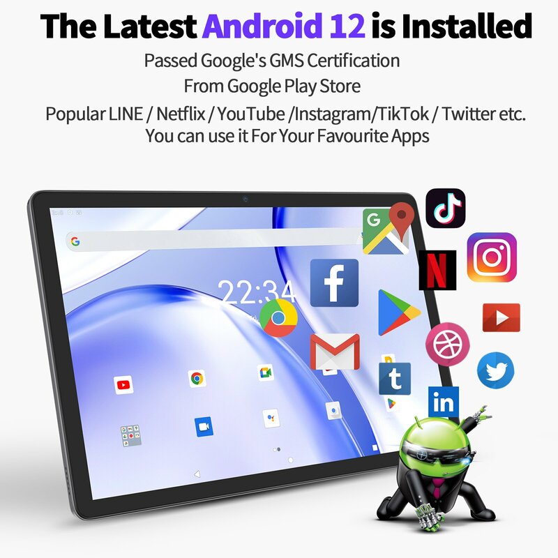 VASOUN Tab13 Tablet 10.1 "Android 12, 1920x1200 FHD, 12GB(6 + 6) RAM, 128GB ROM, Octa Core, Dual SIM 4G Lte, Snel opladen