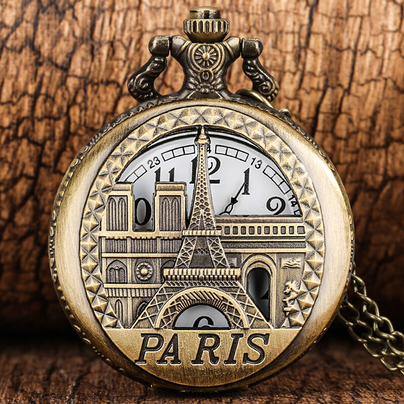 Reloj de bolsillo de cuarzo hueco de bronce Retro, reloj de constelación, Steampunk, Torre Eiffel, colgante, cadena, punto escénico, regalo de recuerdo