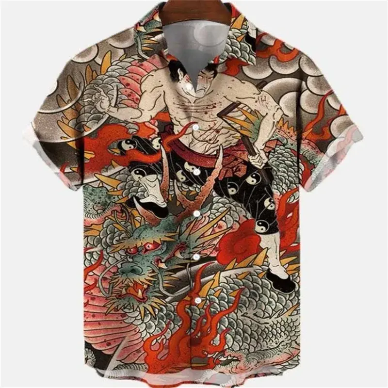 Camisa masculina elemento padrão de dragão, camisa havaiana vintage, roupas de rua grandes de manga curta, social casual, verão, novo, 2023