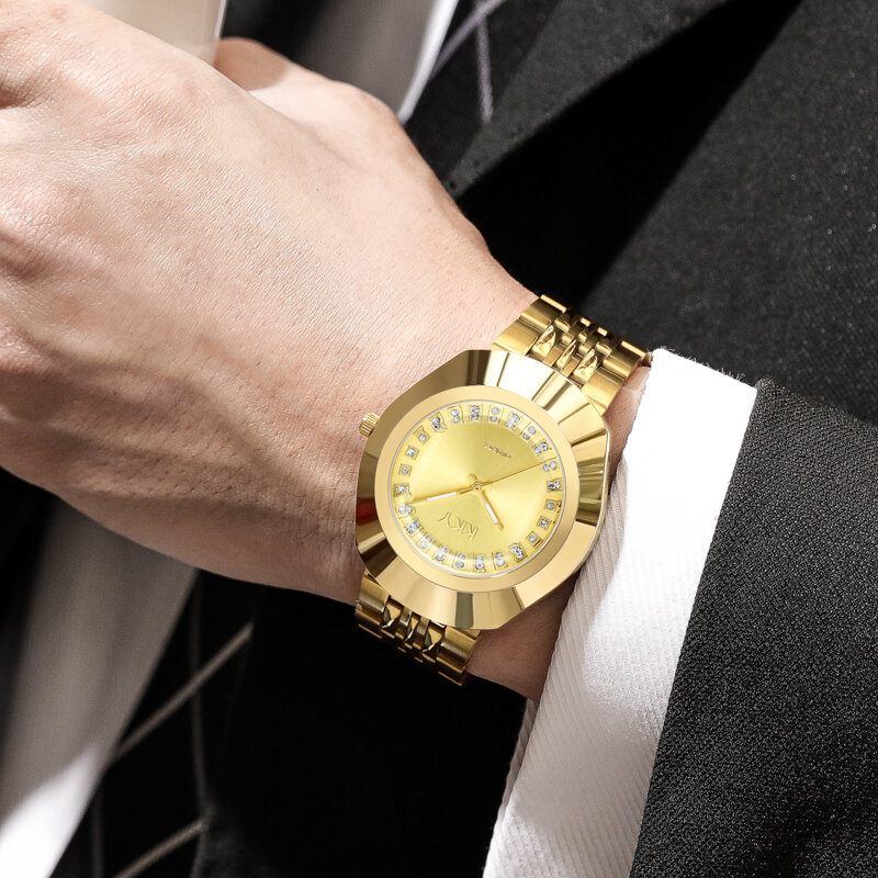 KKY2024 jam tangan kuarsa pria dan wanita, arloji emas semua baja tahan karat modis dan indah