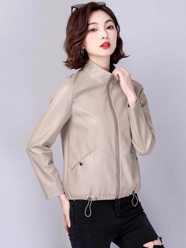 새로운 여성 스탠드 칼라 가죽 재킷 봄 가을 패션 캐주얼 조임끈 밑단 짧은 가죽 코트 분할 가죽 슬림 재킷