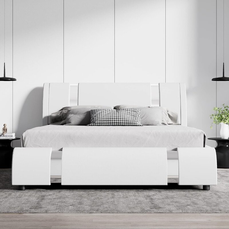 SHA CERLIN-Marco de cama de plataforma Queen con piezas de hierro, decoración y cabecero ajustable, tapizado de lujo, cama moderna con sólido