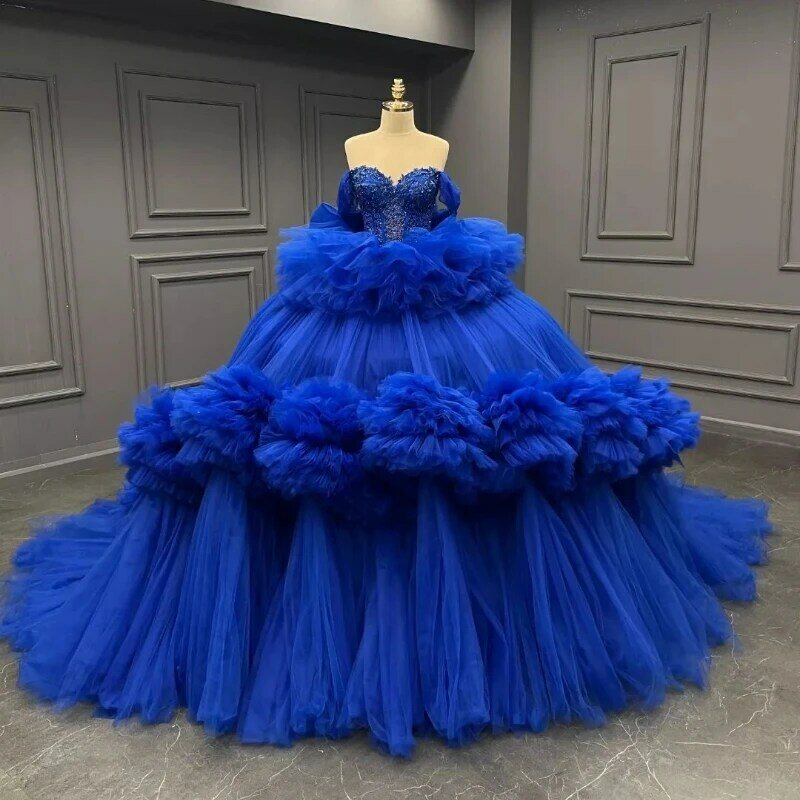 Gaun biru Royal Quinceanera gaun pesta ulang tahun Prom 16 manis bertingkat manik-manik renda bahu terbuka Vestido De vx 15 Anos