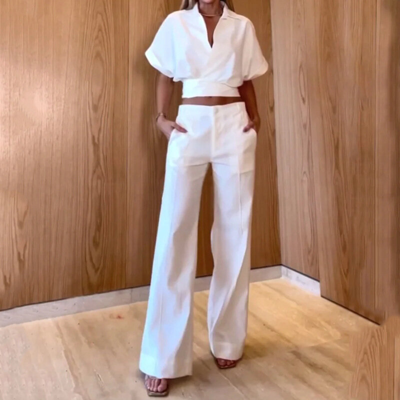 New Fashion Two Piece Set for Women Summer Round Neck Short Sleeve top with pants Sets Female Elegant Trousers Sets 2023 Outfits