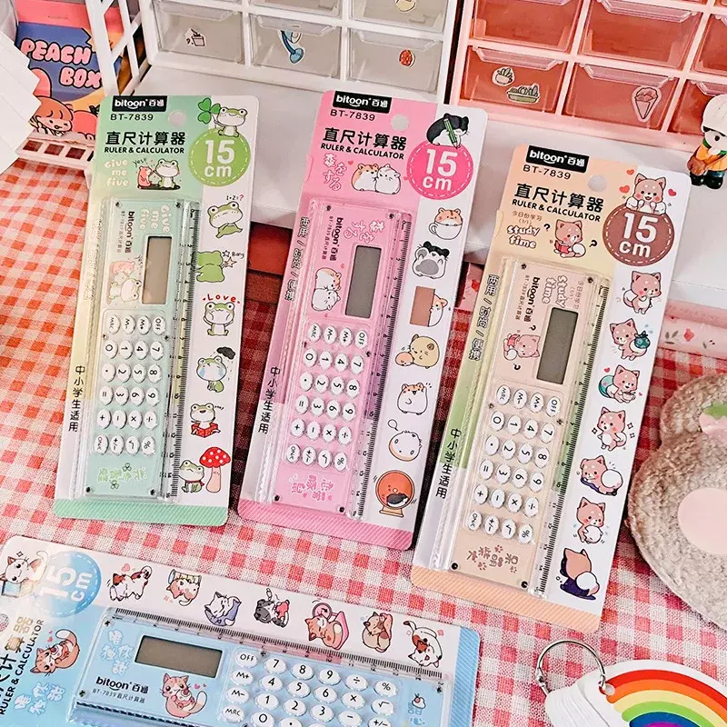 Kawaii Cartoon Mini righello calcolatrice multifunzione 15cm righello con calcolatrice studenti cancelleria forniture scolastiche per ufficio
