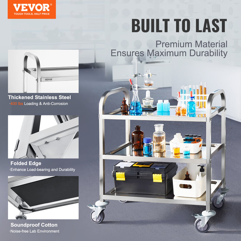 VEVOR Stainless Steel Cart 3/2/1 Layers Lab Utility Cart Medical Cart W/ Lockable Universal Wheels for Lab Clinic Kitchen Salon