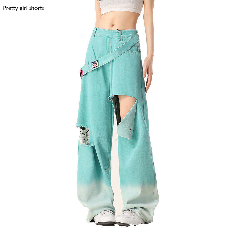 2024 New and Perforated Ripped Jeans for Women with Small Design Sense: Trendy High Waist Loose Straight Leg Wide Leg Long Pants