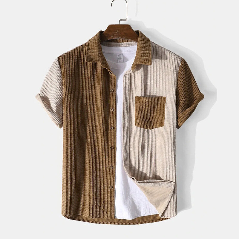 2024 Summer Men Outfit Sets Casual Loose Lapel Neck Button Shirt Shorts Sets for Men Stitching Corduroy Short Sleeve 2 PCS Suits