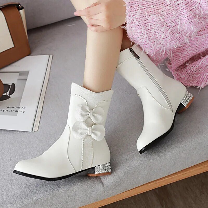 Autumn Winter Girls Boots New Style Sweet Bow Zipper Mid Boots High Heel Women's Boots Pink Lolita Student Boots Plus Size 28-43