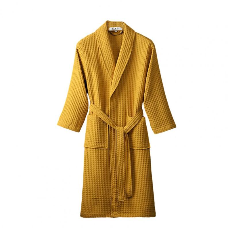 Solid Color Waffle Robe Unisex Men's V Neck Lace-up Nightgown with Pockets Loose Long Sleeve Sleepwear Bathrobe for Spring Hotel