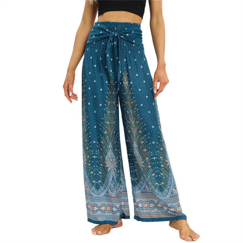 Celana Yoga Boho wanita 2024 pakaian luar ruangan celana panjang kaki lebar motif bunga antik Rayon celana Yoga wanita pinggang tinggi elastis
