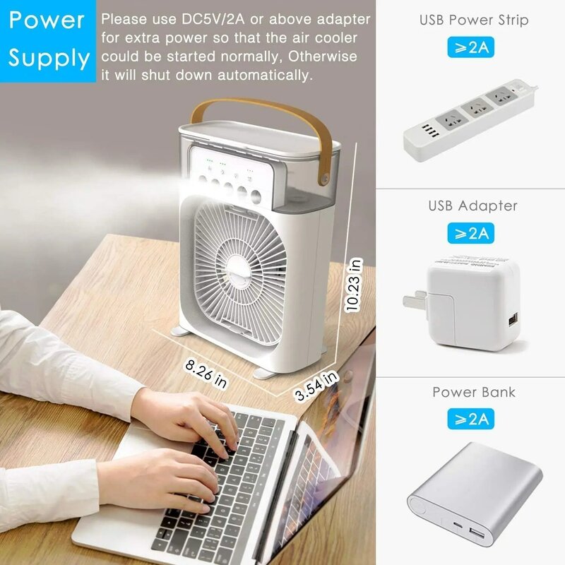 Ventilador portátil USB Air Cooler, Ventilador do umidificador, Tanque de água, Temporizador LED, 600ml