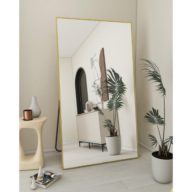 대형 거울 전체 길이 34 인치 x 76 인치, 스탠드 포함 바닥 본체, 금속 프레임 벽걸이 세면대 거울, 걸이식 기대기, 블랙 거울