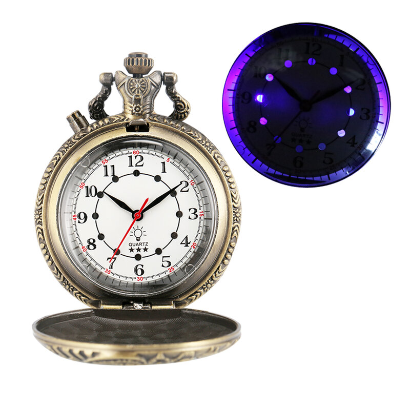 Reloj de bolsillo de cuarzo con luz LED para hombres, pantalla de números árabes, tren de bronce, motor de locomotora, reloj de cadena de bolsillo Punk Retro, luminoso