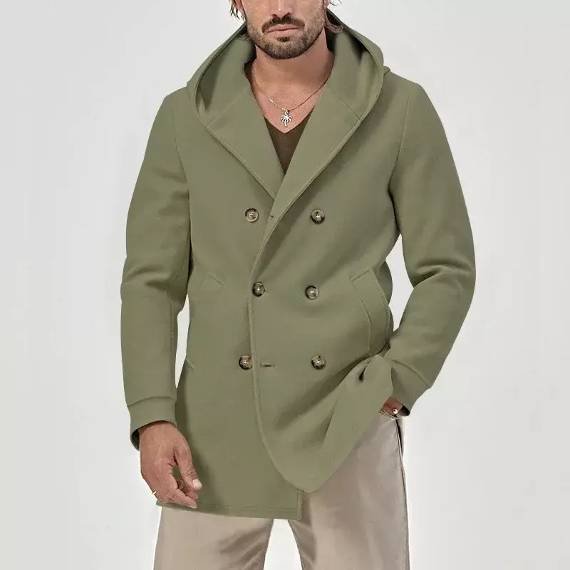 Повседневная однотонная двубортная приталенная куртка, Мужская модная куртка с длинным рукавом, Мужская одежда, зимняя, осенняя, ветровка средней длины с капюшоном